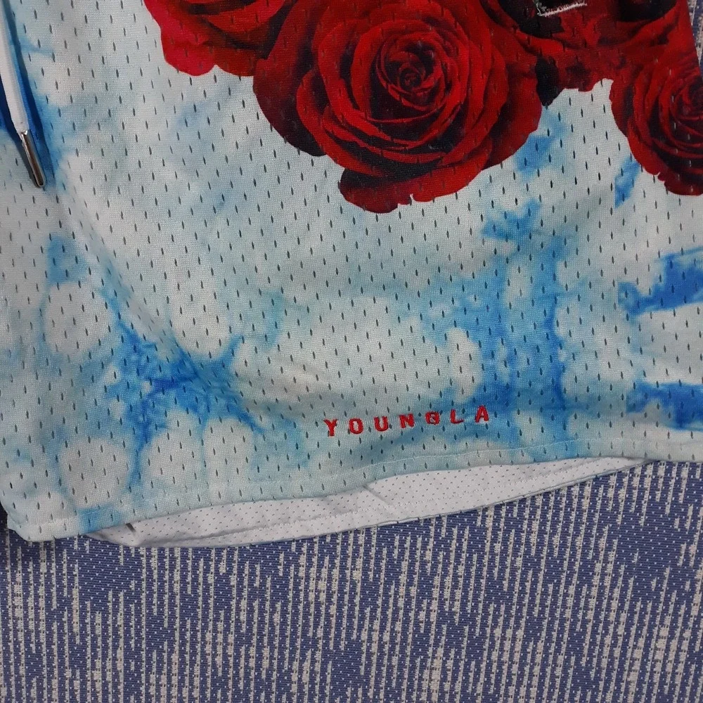 YoungLA Shorts Mens Large Athletic Elastic Waist Blue Red Roses Floral